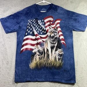 The Mountain Shirt Adult Large Blue Y2K Wolves Flag Patriotic Graphic Tee USA